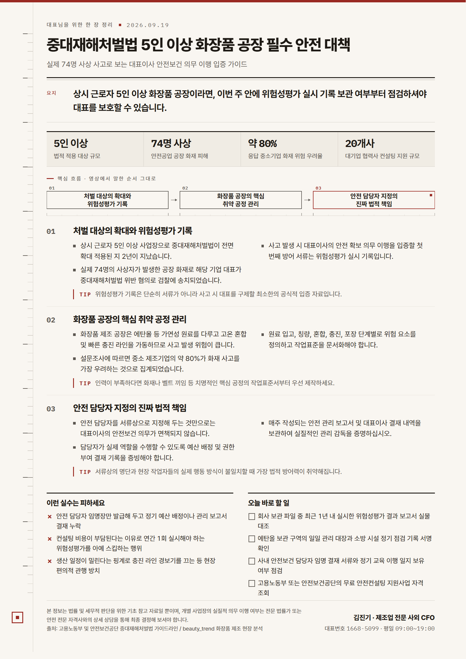 [한 장 정리] 중대재해처벌법 5인 이상 화장품 공장 필수 안전 대책