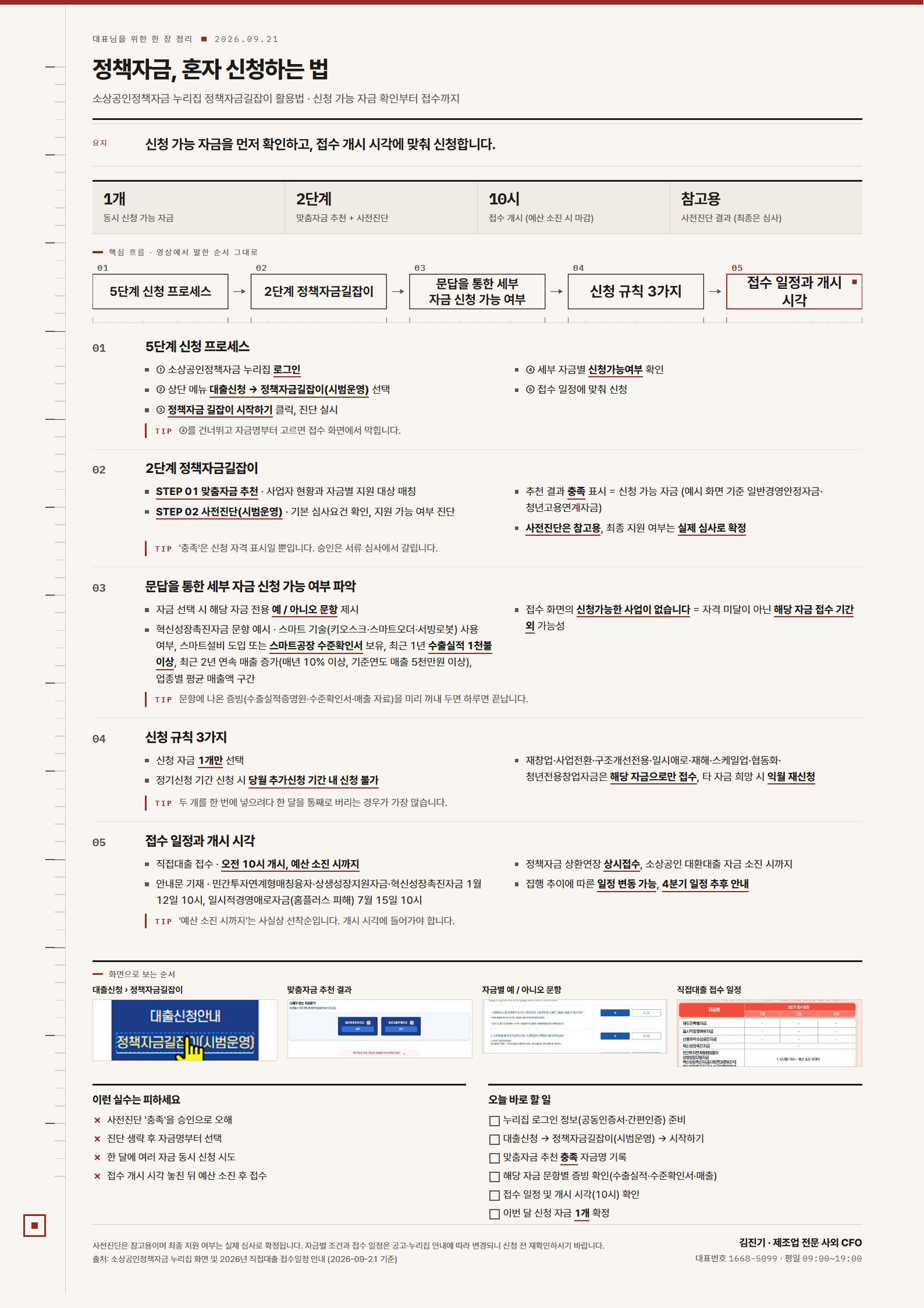 [한 장 정리] 정책자금, 혼자 신청하는 법 (소상공인정책자금길잡이 5단계 정리)